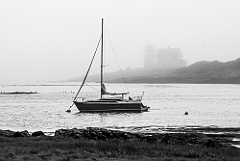 Sailboat Moored by Hendricks Head Light in Fog -BW